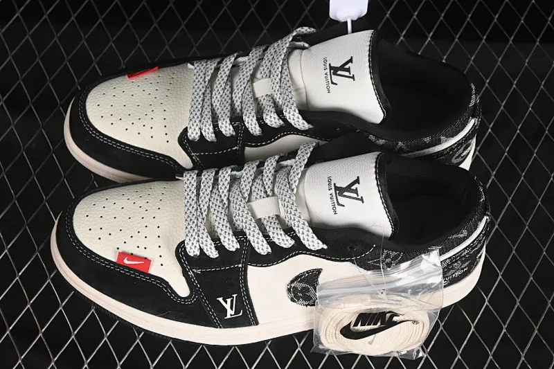 All categories Air Jordan Jordan series basketball shoes Air Jordan 1 Low high-end customized low-top sneakers Air Jordan 1 Low AJ1 Joe 1 LV joint black cloth red label high-end customized low-top retro basketball shoes YX5066-369